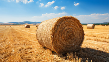 Agriculture beauty in nature yellow meadow, rolled up haystacks generated by artificial intelligenceの素材