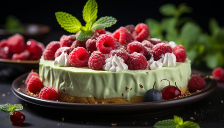 Fresh berry dessert on wooden table, indulgent and refreshing generated by artificial intelligenceの素材