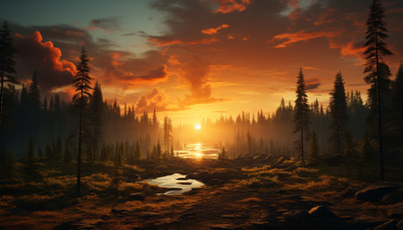 Tranquil sunset, forest silhouette, mountain peak, serene water reflection generated by artificial intelligenceの素材