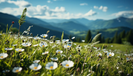 Freshness of summer meadow green grass, yellow daisies, blue sky generated by artificial intelligenceの素材
