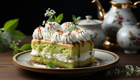 Homemade gourmet dessert sweet, with fresh and baked, chocolate, fruit, creamy, indulgence generated by artificial intelligenceの素材