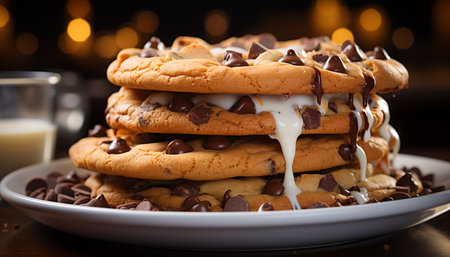 Homemade chocolate chip cookies on rustic wooden table, irresistible indulgence generated by artificial intelligenceの素材