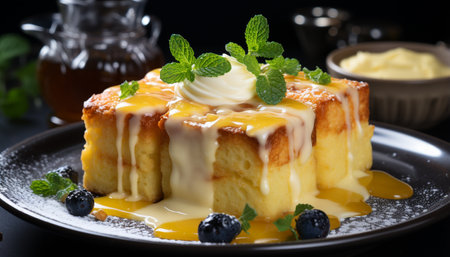 A gourmet dessert plate with fresh fruit and whipped cream generated by artificial intelligenceの素材