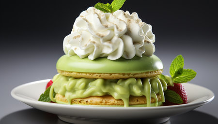 Freshness and indulgence on a plate of gourmet sweet food generated by artificial intelligenceの素材