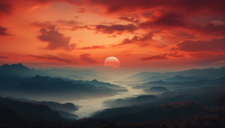 Majestic mountain peak silhouettes against a tranquil orange sunset generated by artificial intelligenceの素材