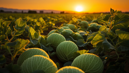 Fresh organic vegetables growing in a colorful farm under the sun generated by artificial intelligenceの素材