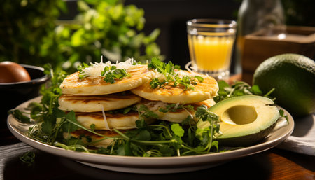 Freshness and healthy eating on a gourmet vegetarian avocado salad generated by artificial intelligenceの素材