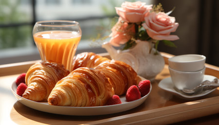 Gourmet croissant, fresh coffee, sweet dessert, homemade seafood, healthy meal generated by artificial intelligenceの素材