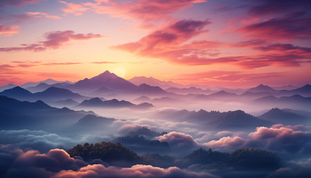 Majestic mountain peak reflects tranquil sunset in nature beauty generated by artificial intelligenceの素材