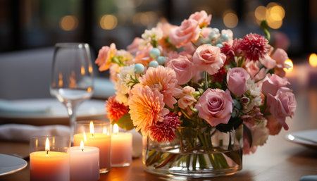 Romantic table decoration flower bouquet, candle, elegance, celebration, luxury generated by artificial intelligenceの素材