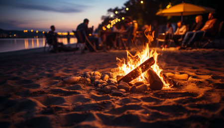 Men and women enjoy campfire, cooking food, and relaxation generated by artificial intelligenceの素材