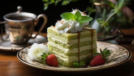 Homemade gourmet dessert sweet, fresh, indulgent, with whipped cream generated by artificial intelligenceの素材