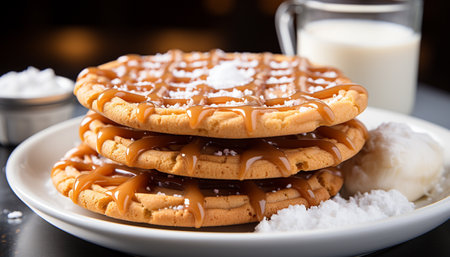 Freshness and sweetness on a plate, gourmet dessert stack generated by artificial intelligenceの素材