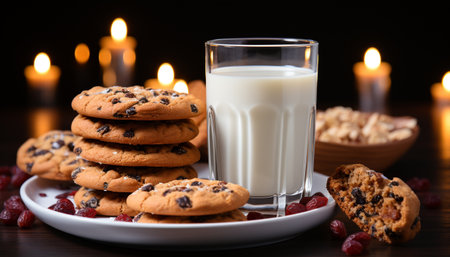 Freshly baked homemade chocolate chip cookies on a wooden table generated by artificial intelligenceの素材