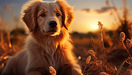 Cute puppy sitting in grass, looking at sunset, playful and happy generated by artificial intelligenceの素材