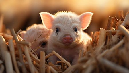 Cute puppy looking at fluffy yellow baby chicken in nature generated by artificial intelligenceの素材