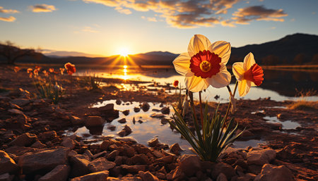 Tranquil sunset, reflecting beauty in nature, over meadow and pond generated by artificial intelligenceの素材