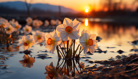 A vibrant meadow reflects the beauty of a summer sunset generated by artificial intelligenceの素材
