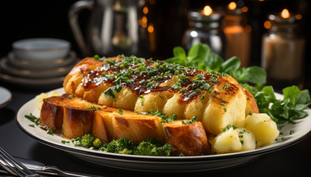 Grilled meat and vegetables on a plate, ready to eat and healthy generated by artificial intelligenceの素材