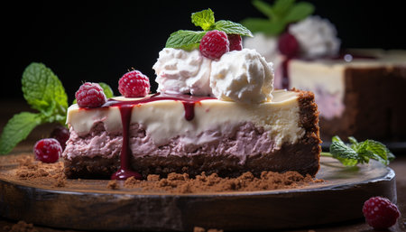 Homemade gourmet dessert fresh raspberry cheesecake with chocolate and mint generated by artificial intelligenceの素材