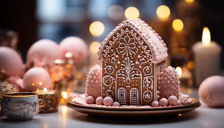 Homemade winter dessert chocolate snowflake cookie with candle decoration generated by artificial intelligenceの素材