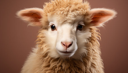 Cute alpaca looking at camera with innocent fluffy fur generated by artificial intelligenceの素材