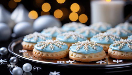 Homemade chocolate snowflake cookies decorate the winter dessert table generated by artificial intelligenceの素材