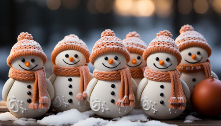 Snowman smiling, cheerful in winter, snow season, celebrating with decoration generated by artificial intelligenceの素材
