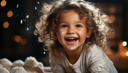 Smiling child cute, joy, curly hair, playful, enjoyment, small girl generated by artificial intelligenceの素材