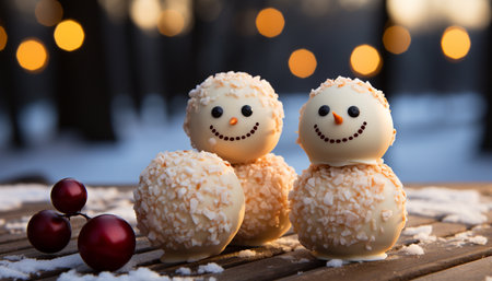 Winter celebration homemade snowman cookie decoration brings joy and sweetness generated by artificial intelligenceの素材