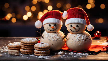 Homemade chocolate cookies illuminate the rustic winter celebration table generated by artificial intelligenceの素材
