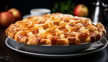 Fresh apple pie on wooden table, a sweet homemade indulgence generated by artificial intelligenceの素材