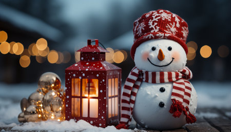 Snowman celebrates winter night with illuminated lantern and Christmas tree generated by artificial intelligenceの素材