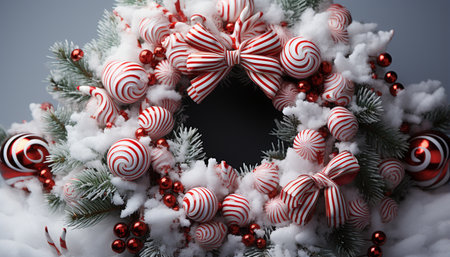 Winter celebration snow covered tree, gift, snowflake ornament, humorous design generated by artificial intelligenceの素材