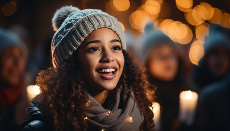 Smiling young women enjoy winter night, celebrating with Christmas lights generated by artificial intelligenceの素材