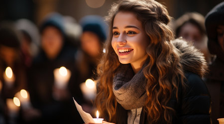 Young women enjoying a cheerful winter celebration outdoors, smiling and laughing generated by artificial intelligenceの素材