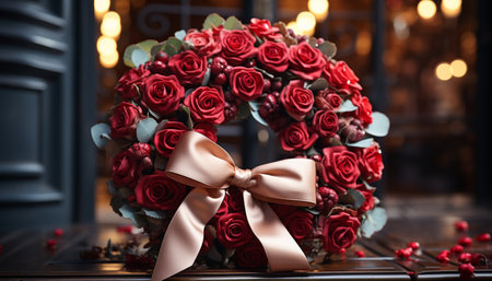 Romantic wedding table with elegant flower bouquet and candle decoration generated by artificial intelligenceの素材