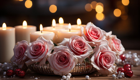 Romantic wedding table decoration with candle, flower, and gift generated by artificial intelligenceの素材