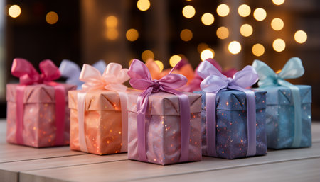 A large stack of gift boxes, wrapped in colorful paper generated by artificial intelligenceの素材