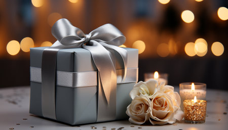 Romantic candle glowing on a decorated gift box at night generated by artificial intelligenceの素材