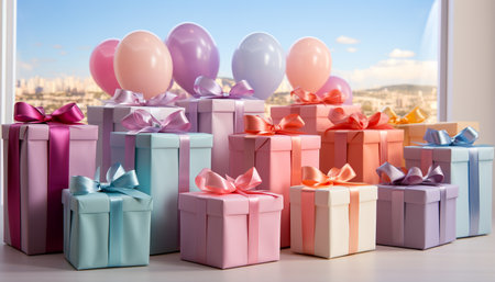 A vibrant collection of gift boxes, wrapped with love generated by artificial intelligenceの素材