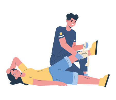 paramedic giving first aid to injured womanのイラスト素材