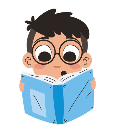 cartoon little boy reading bookのイラスト素材