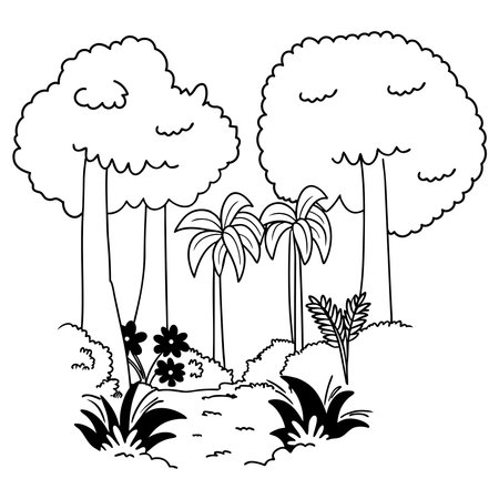 Forest Outline Tropical Trees and Wildlife Sceneのイラスト素材