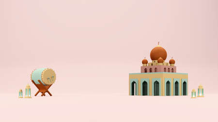 Islamic 3d render arabic eid mubarak muslim holiday theme background with mosque, cloud, arabic lamps, mountains, and starsの写真素材