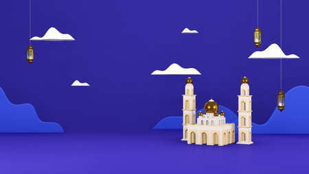 Islamic 3d render arabic eid mubarak muslim holiday theme background with mosque, cloud, arabic lamps, mountains, and starsの写真素材
