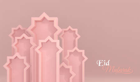 3d render image greeting card islamic style for eid mubarak, eid al-adha with pink arabic archs and eid mubarak phraseの写真素材