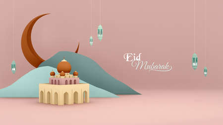 Islamic 3d render arabic eid mubarak muslim holiday theme background with mosque, cloud, arabic lamps, mountains, and starsの写真素材