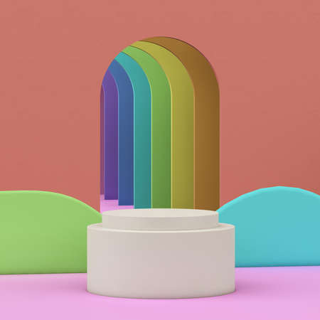 3d render image white podium with rainbow colored background for product display advertisement.の写真素材