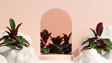 3D illustration rendering image of empty space mockup podium geometry shape for product displayの写真素材